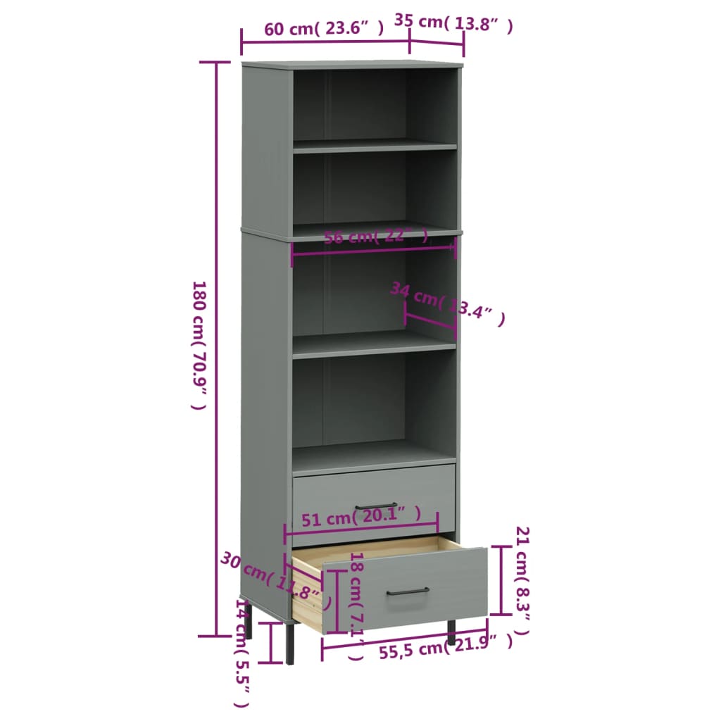 Boekenkast met 2 lades OSLO 60x35x180 cm massief hout