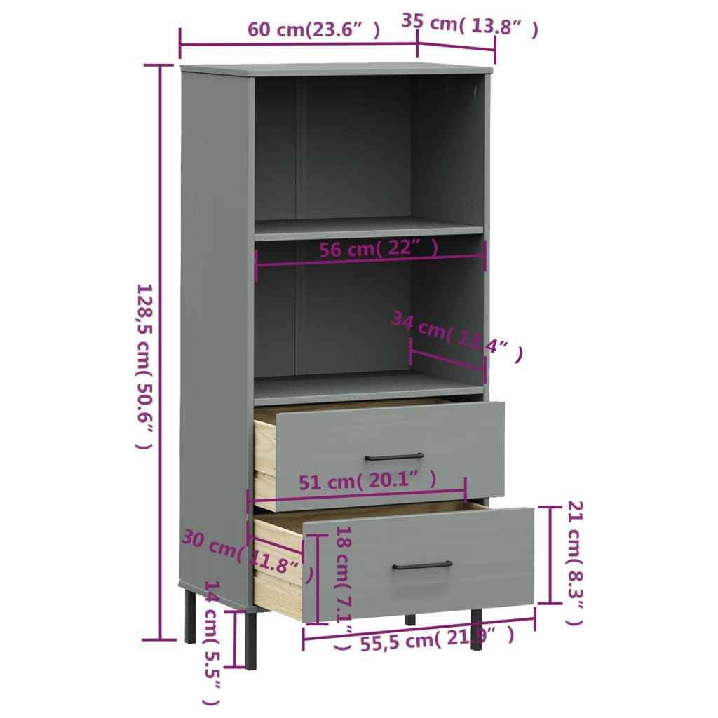 Boekenkast met 2 lades OSLO 60x35x128,5 cm massief hout