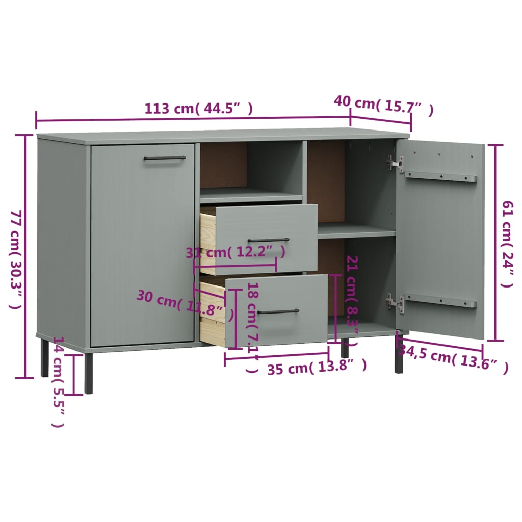 Dressoir met metalen poten OSLO 113x40x77 cm grenenhout