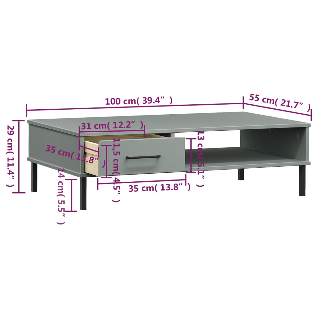 Salontafel met metalen poten OSLO massief grenenhout