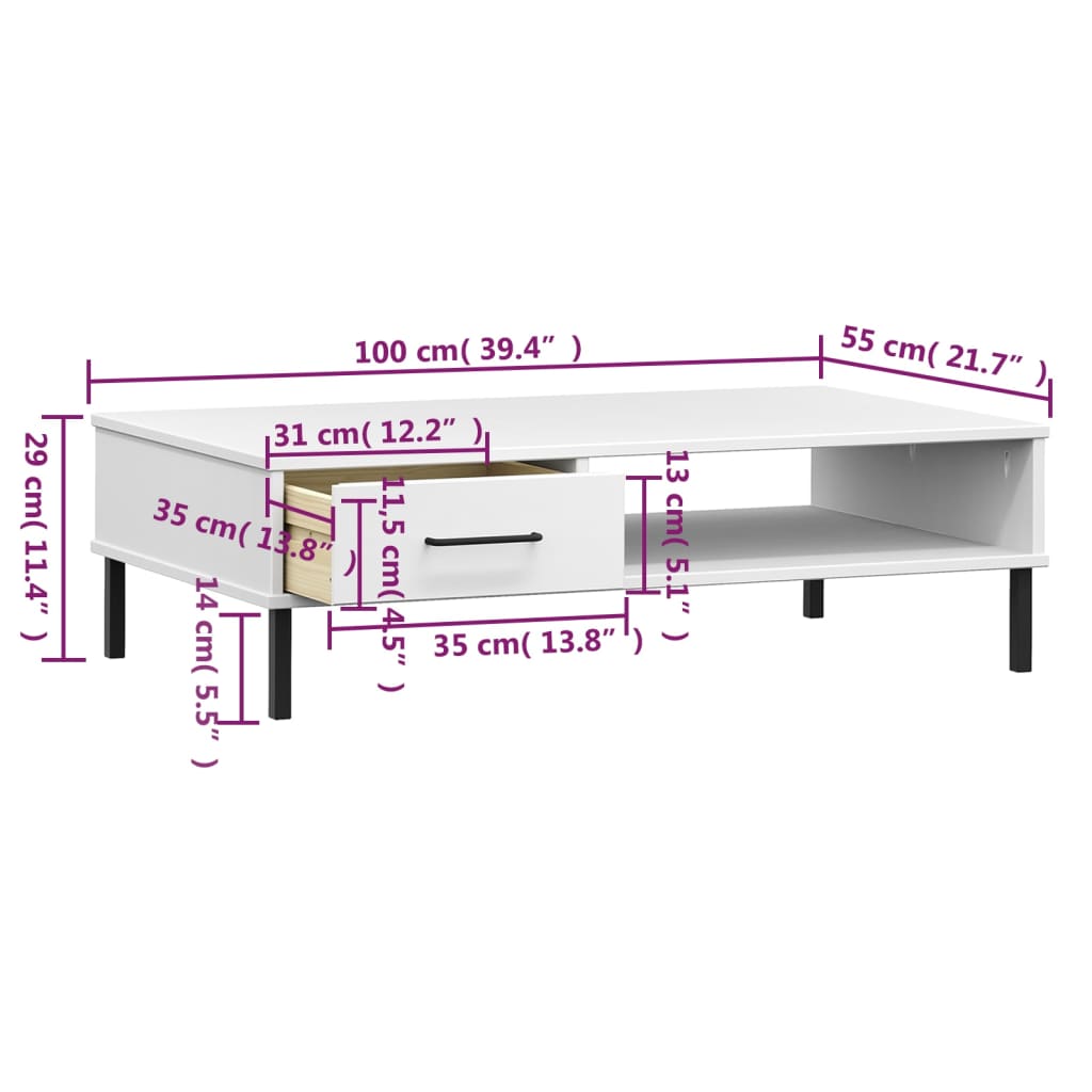 Salontafel met metalen poten OSLO massief grenenhout