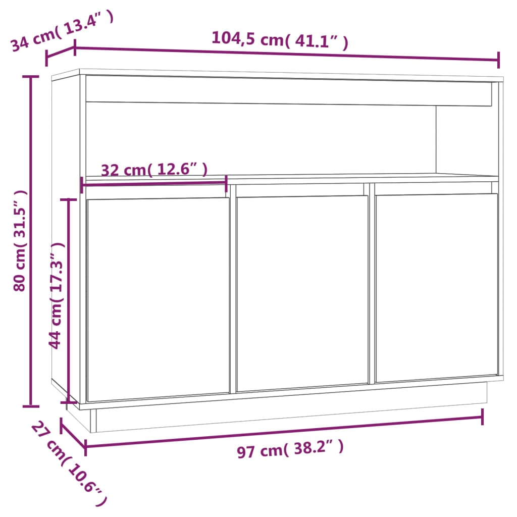 Dressoir 104,5x34x80 cm massief grenenhout