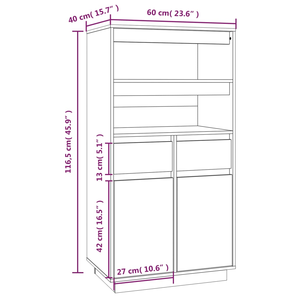 Hoge kast 60x40x116,5 cm massief grenenhout