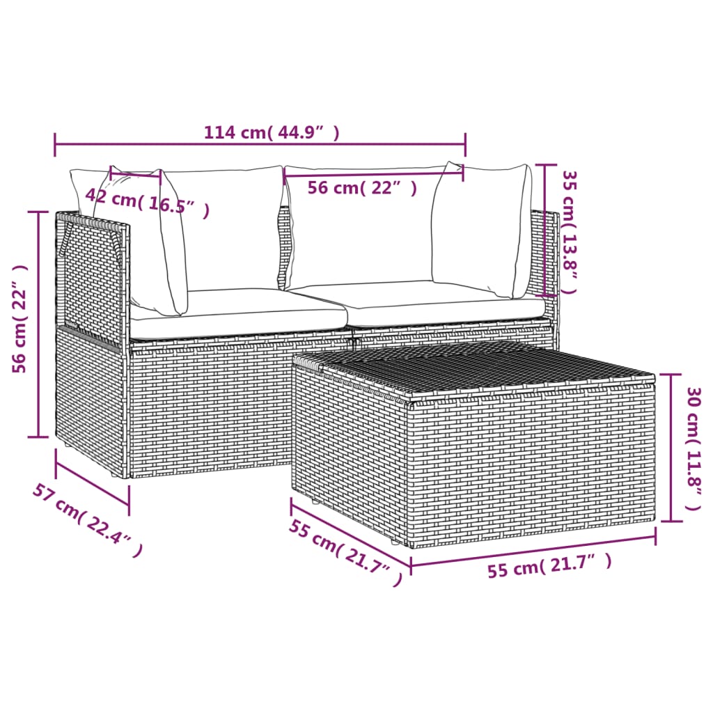 3-delige Loungeset met kussens poly rattan grijs