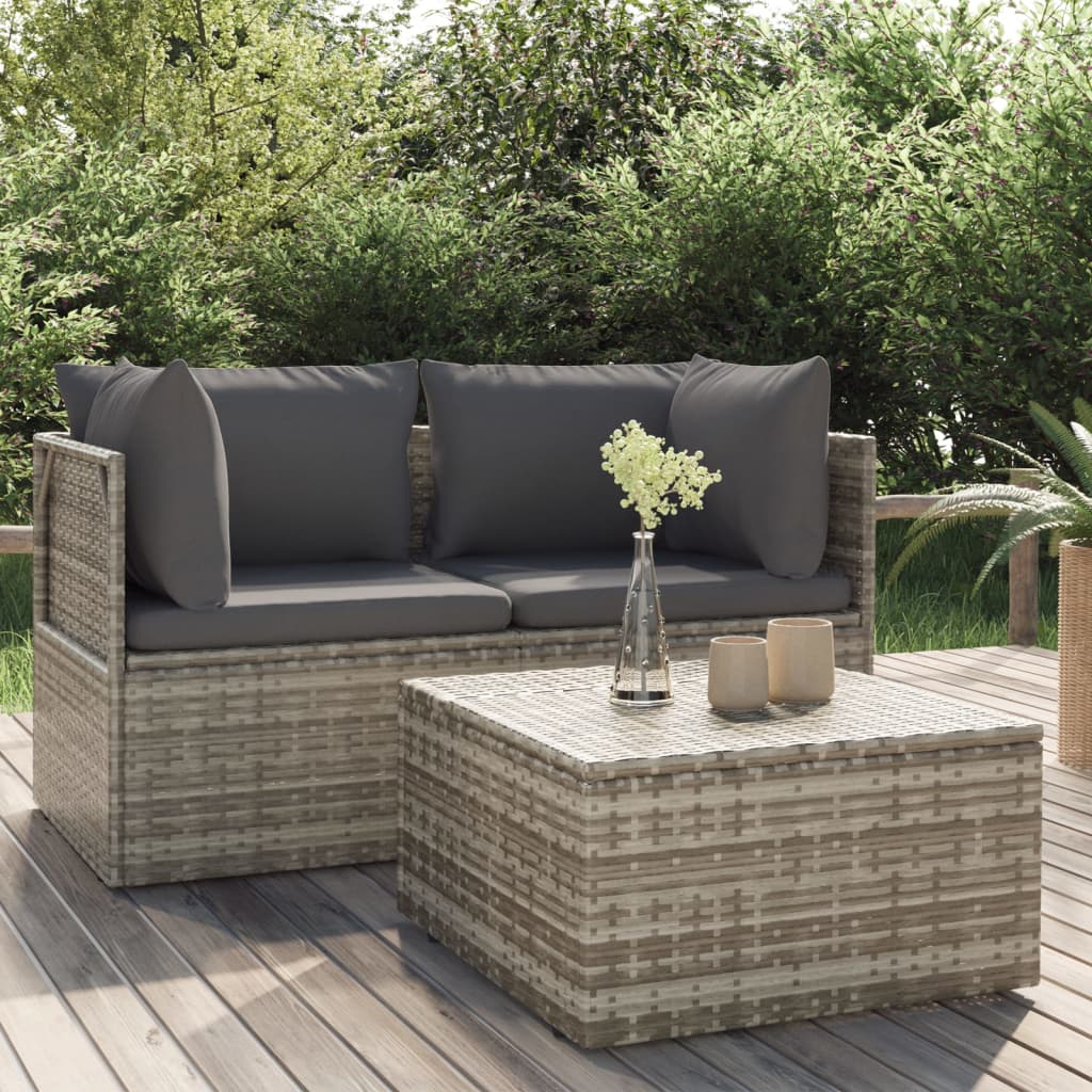 3-delige Loungeset met kussens poly rattan grijs