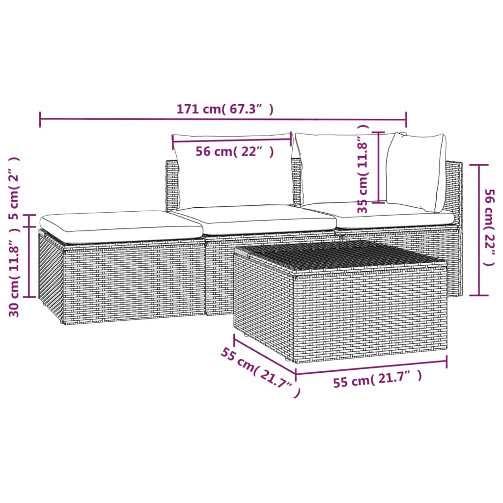 3-delige Loungeset met kussens poly rattan grijs