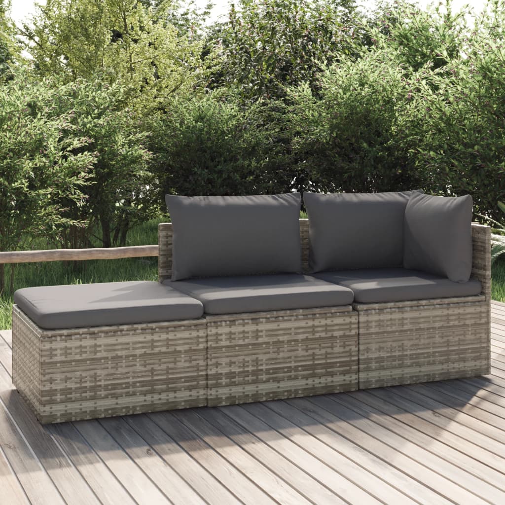 3-delige Loungeset met kussens poly rattan grijs