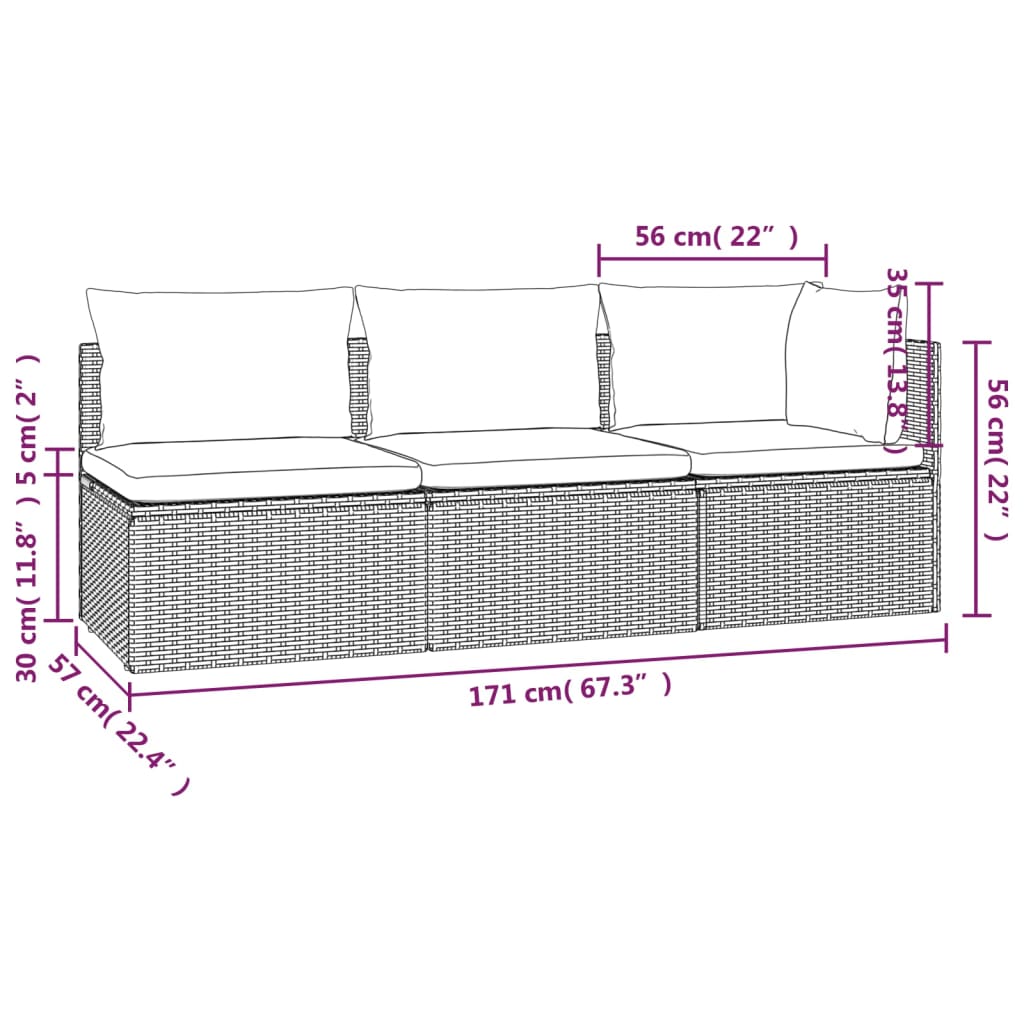 3-delige Loungeset met kussens poly rattan grijs