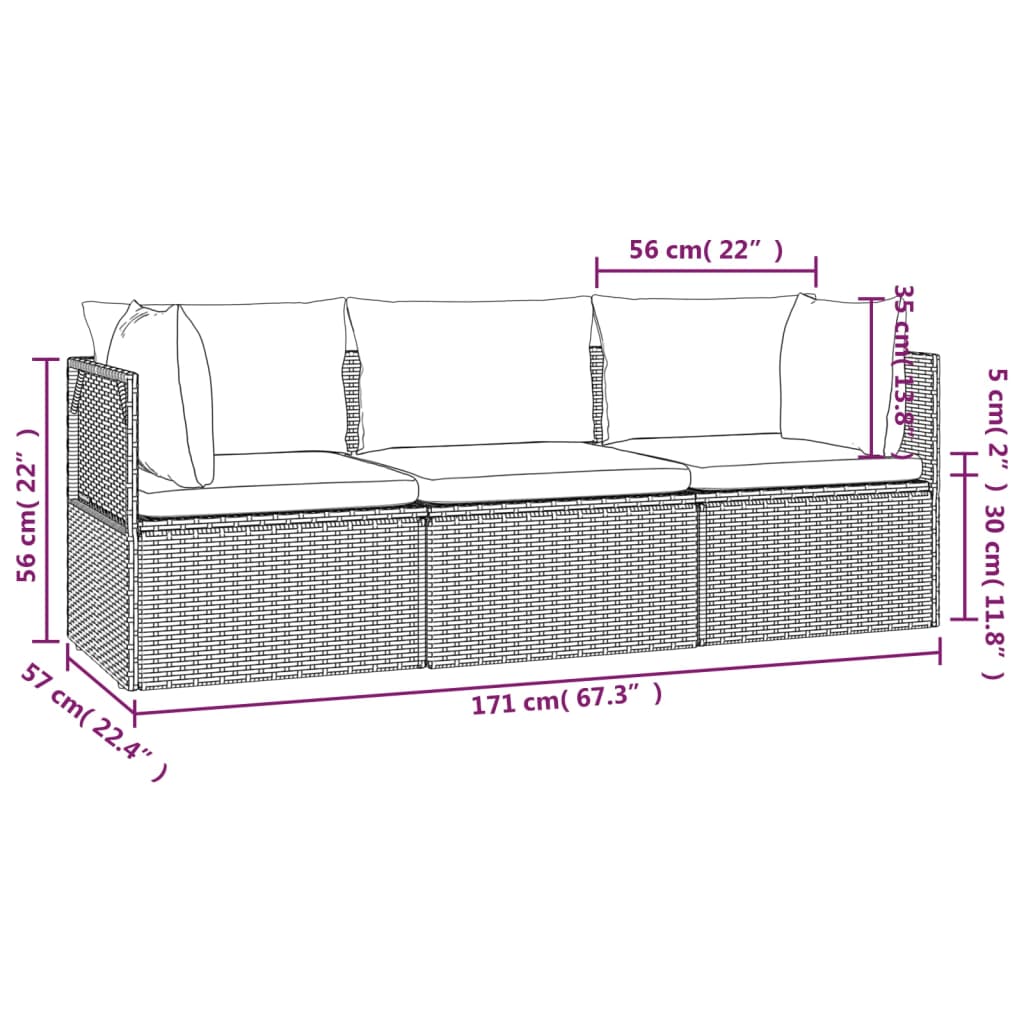 3-delige Loungeset met kussens poly rattan grijs