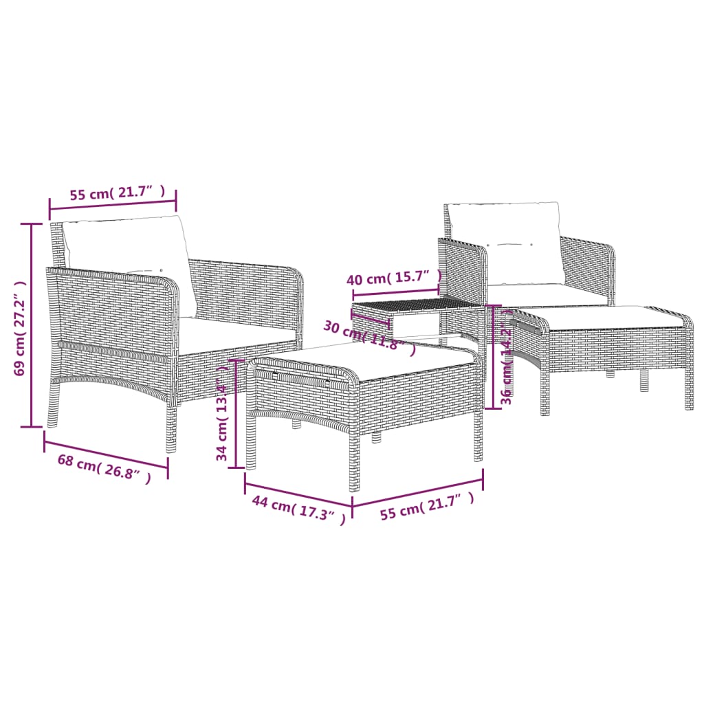 5-delige Loungeset met kussens poly rattan