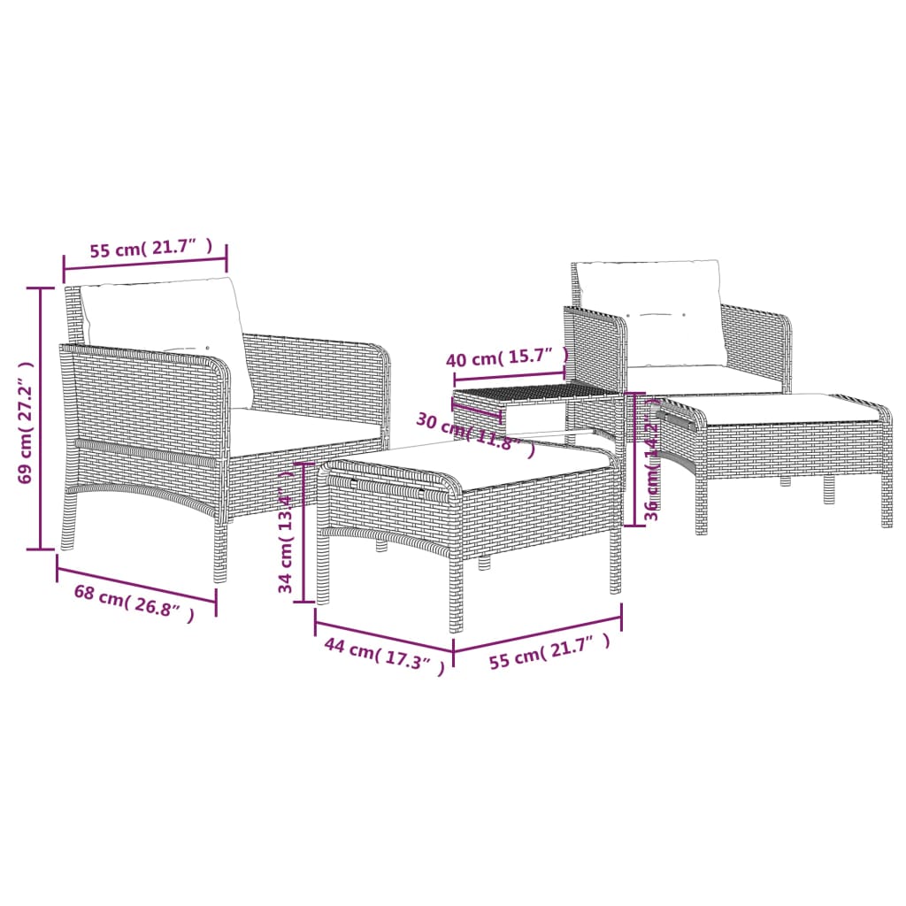 5-delige Loungeset met kussens poly rattan