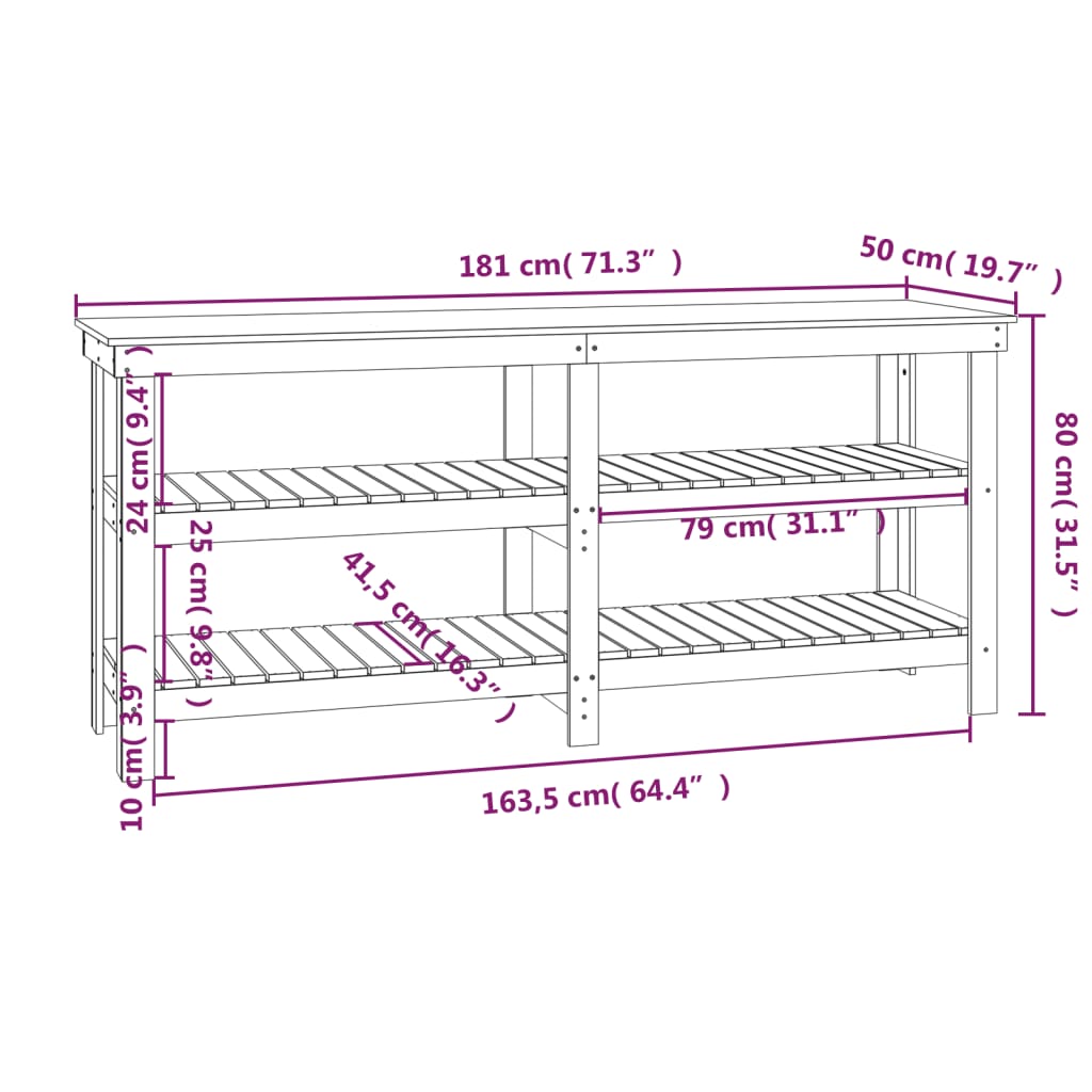 Werkbank 181x50x80 cm massief grenenhout