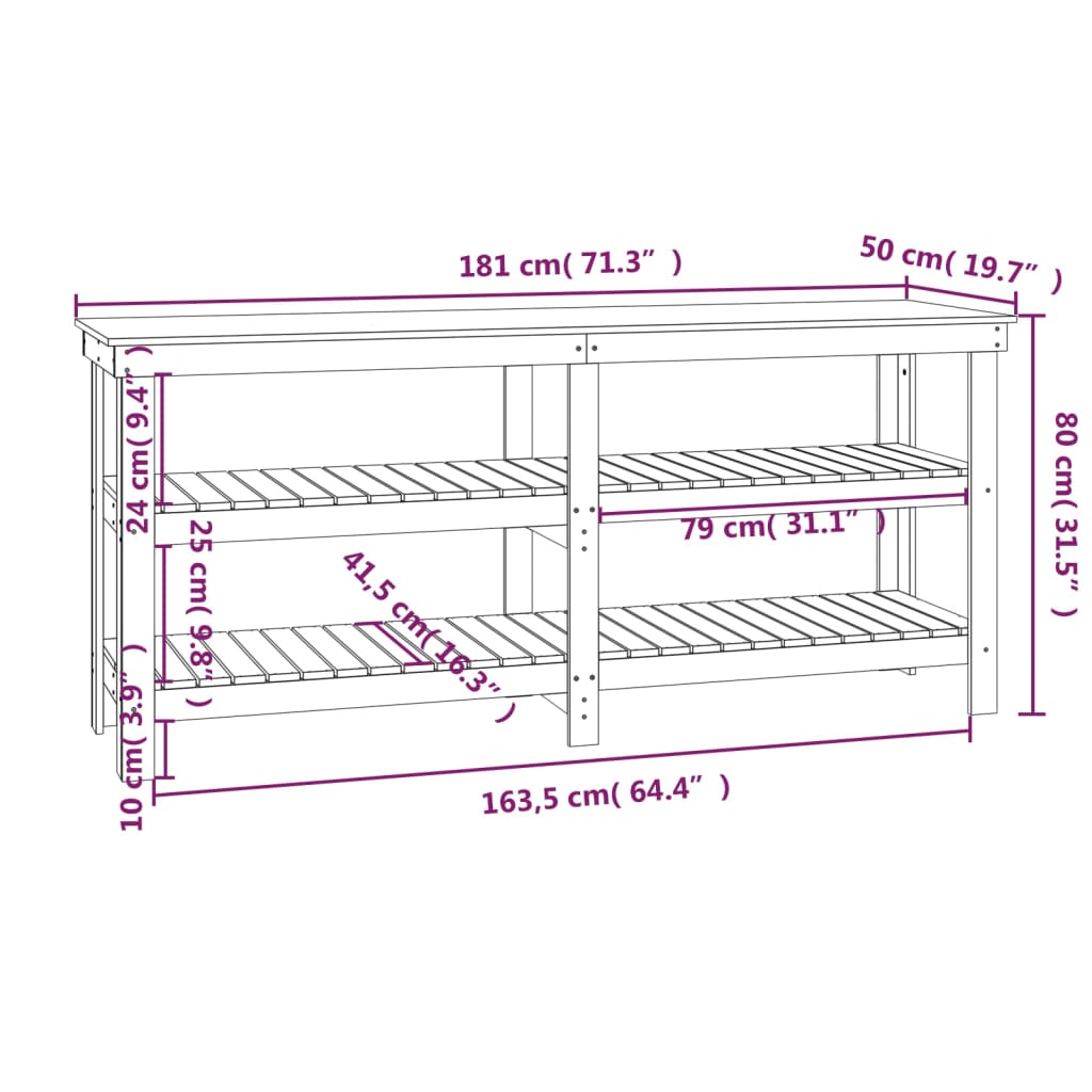 Werkbank 142,5x50x80 cm massief grenenhout