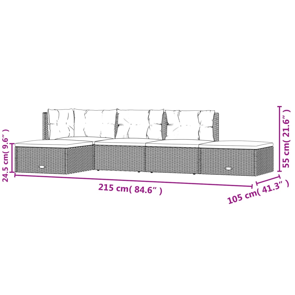 5-delige Loungeset met kussens poly rattan