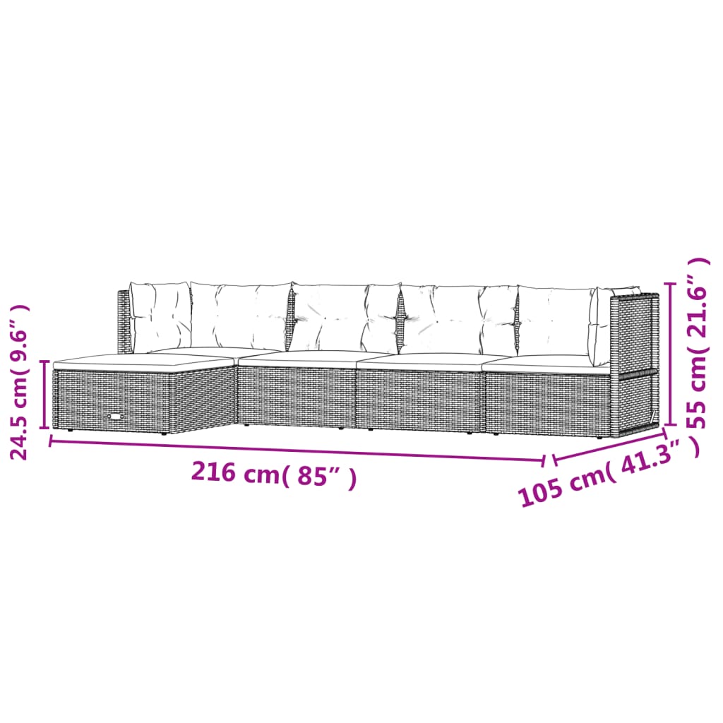 5-delige Loungeset met kussens poly rattan