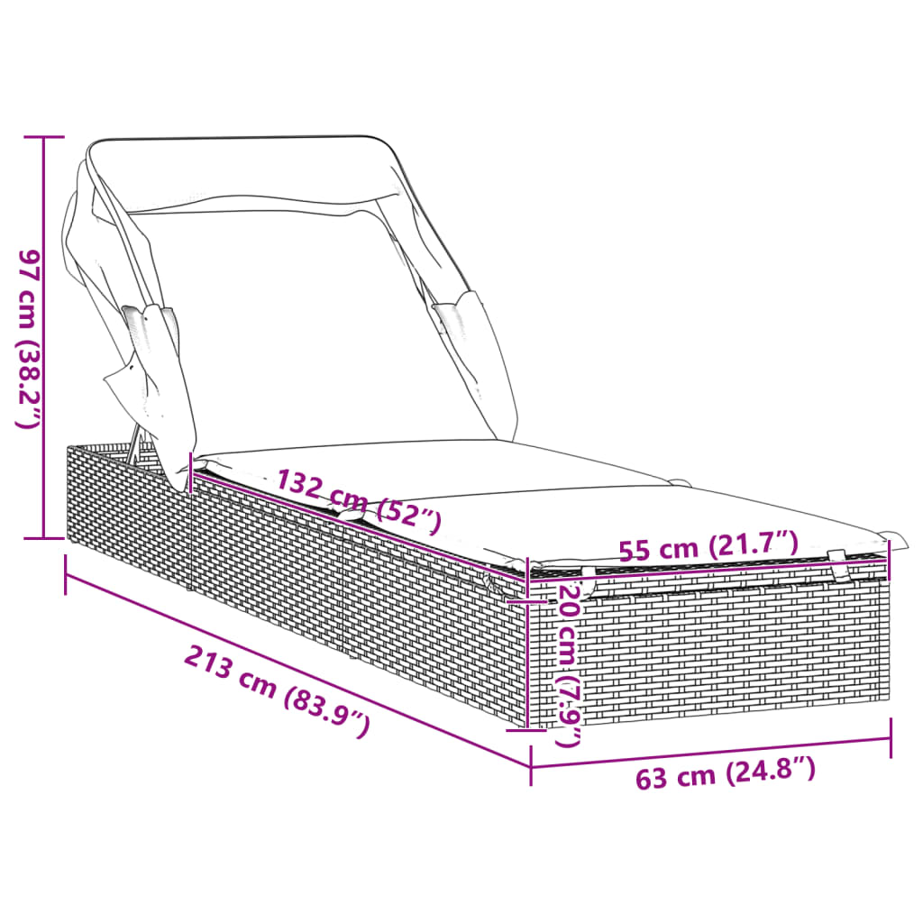 Ligbed met inklapbaar dak 213x63x97 cm poly rattan