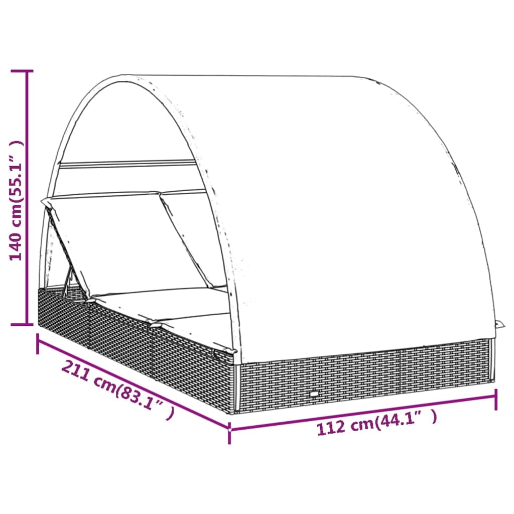 Ligbed 2-persoons met rond dak 211x112x140 cm poly rattan