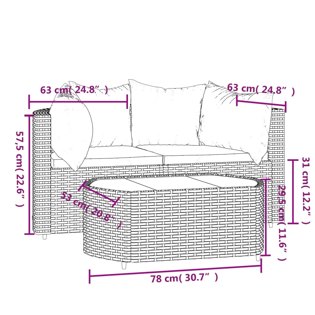 3-delige Loungeset met kussens poly rattan