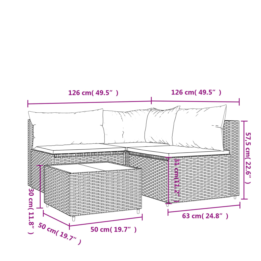 3-delige Loungeset met kussens poly rattan