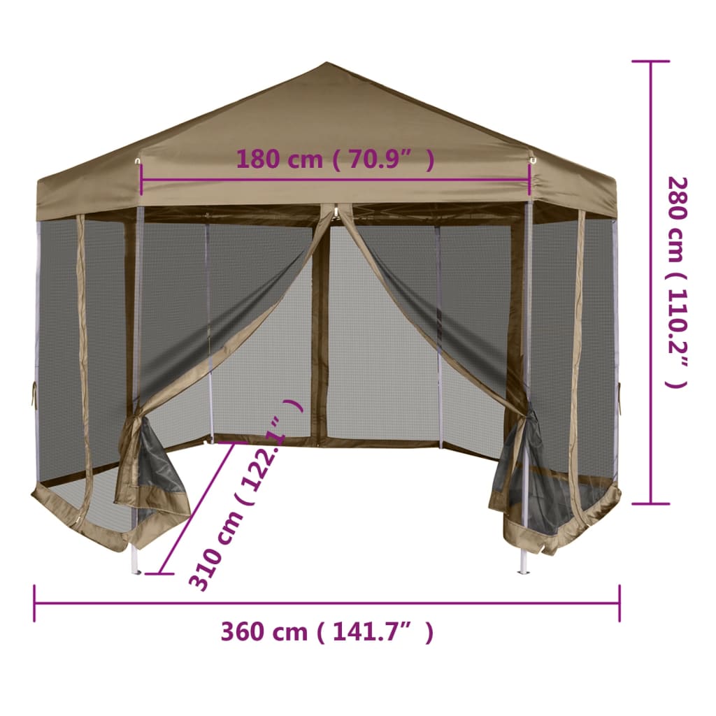 Partytent pop-up zeshoekig met 6 zijwanden 3,6x3,1 m crèmewit