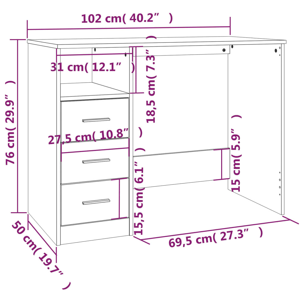 Bureau met lades 102x50x76 cm bewerkt hout bruin eikenkleur