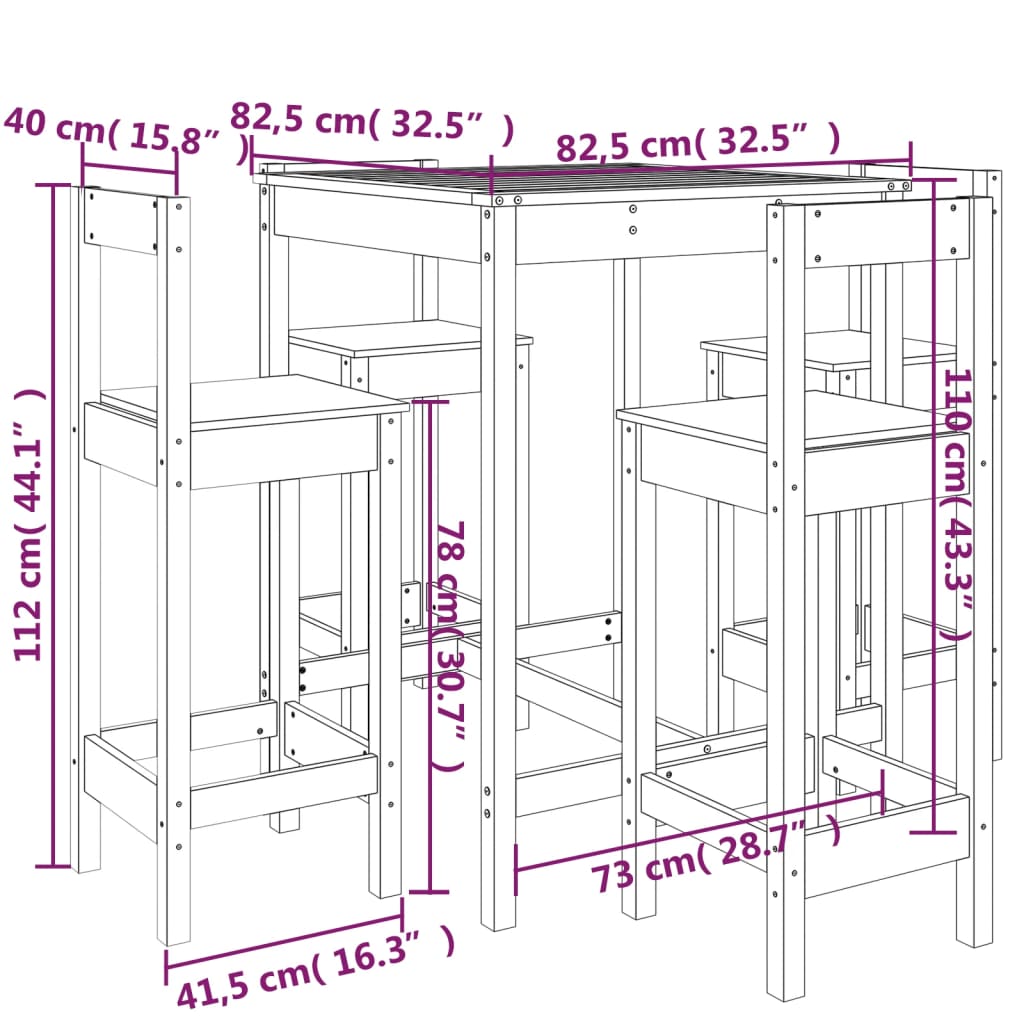 5-delige Barset massief grenenhout