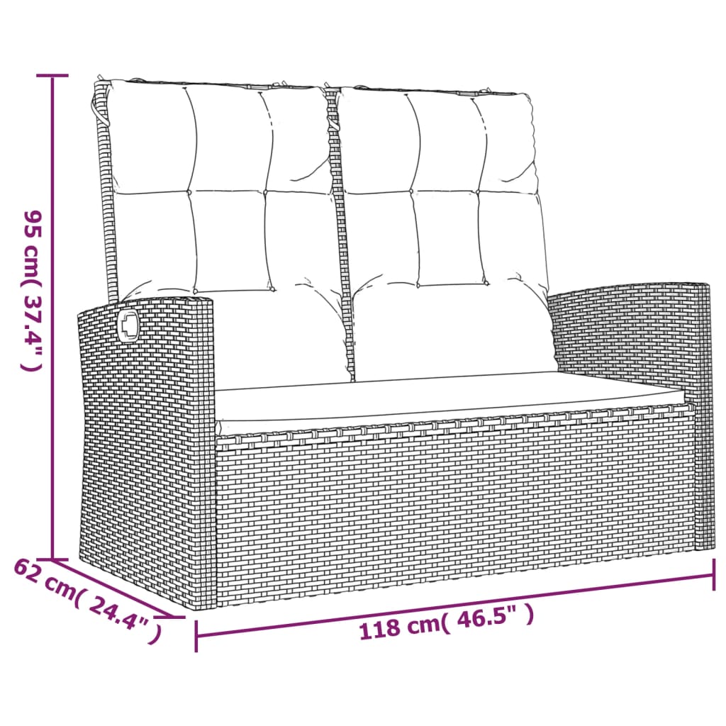 Tuinbank verstelbaar met kussens 118 cm poly rattan