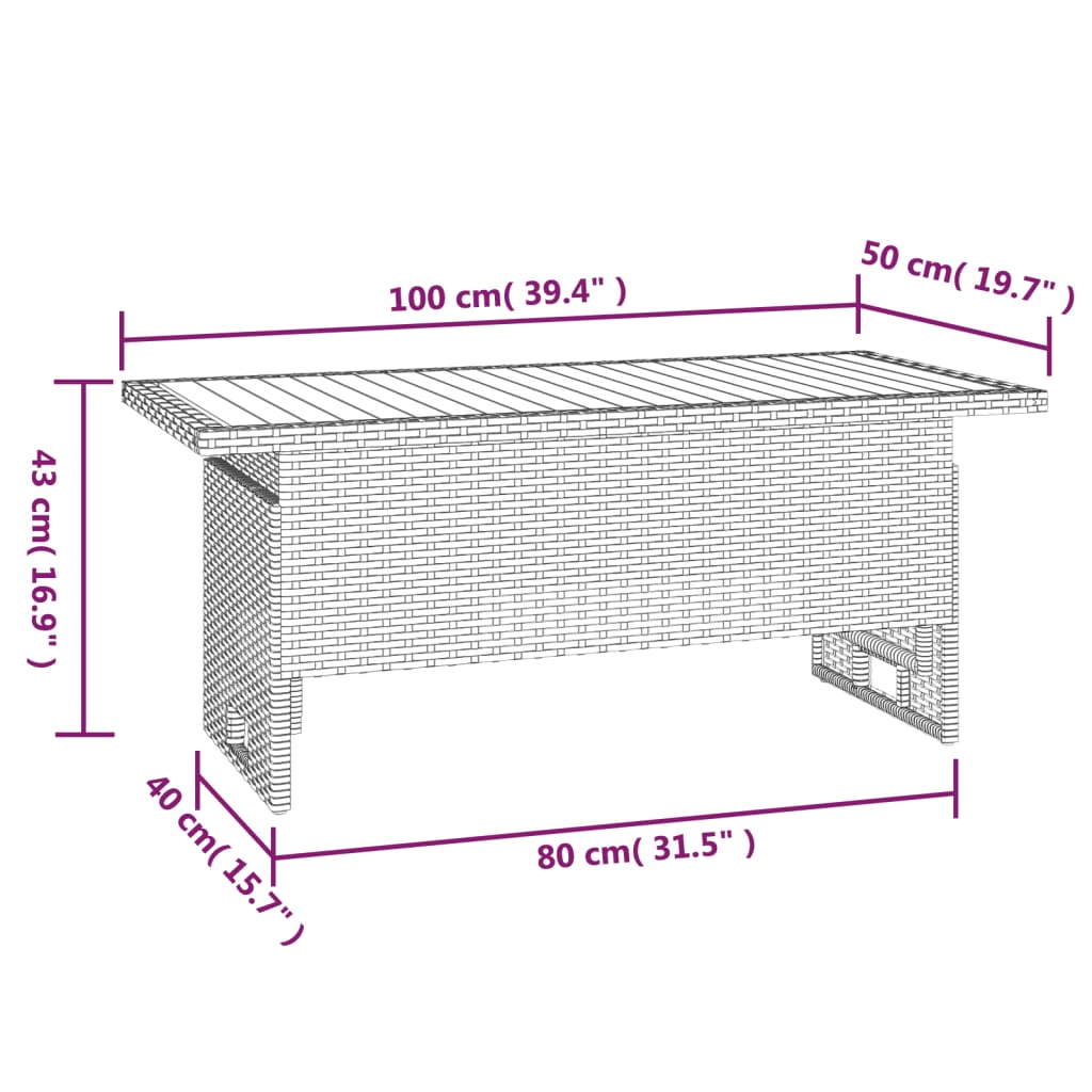 Tuintafel 100x50x43/63 cm acaciahout en poly rattan grijs