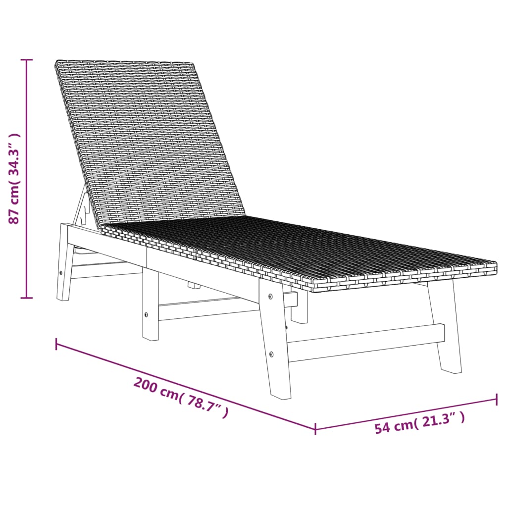 Ligbed poly rattan en massief acaciahout zwart en bruin