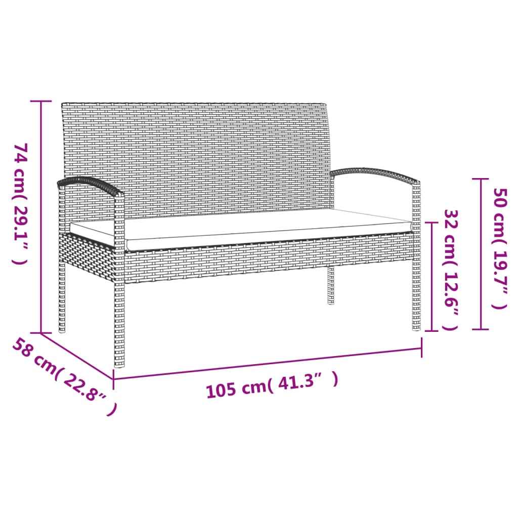 Tuinbank met kussen 105 cm poly rattan