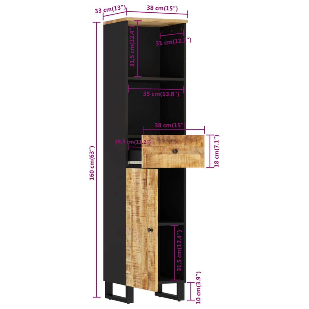 Badkamerwandkast 38x33x160 cm massief acaciahout