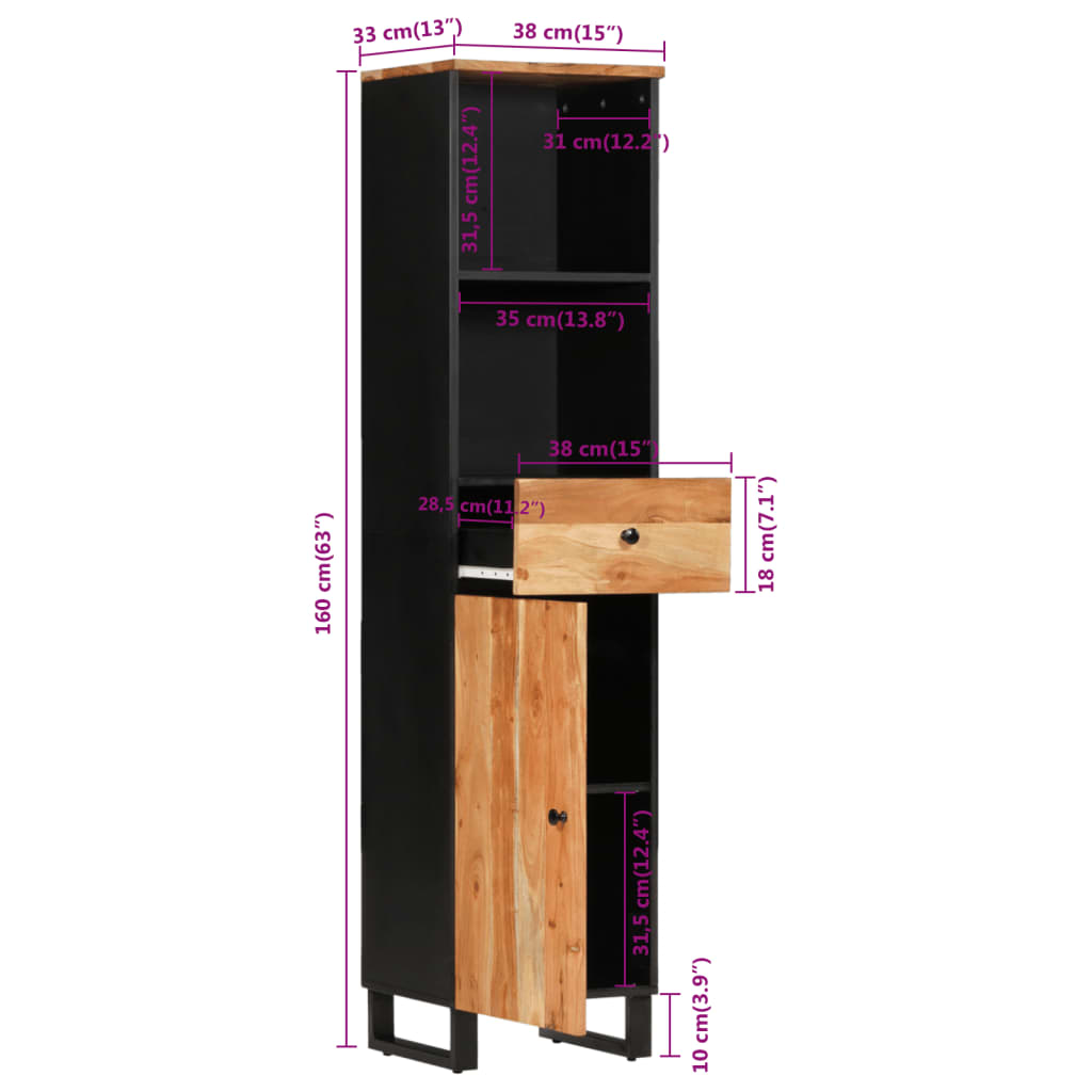 Badkamerwandkast 38x33x160 cm massief acaciahout