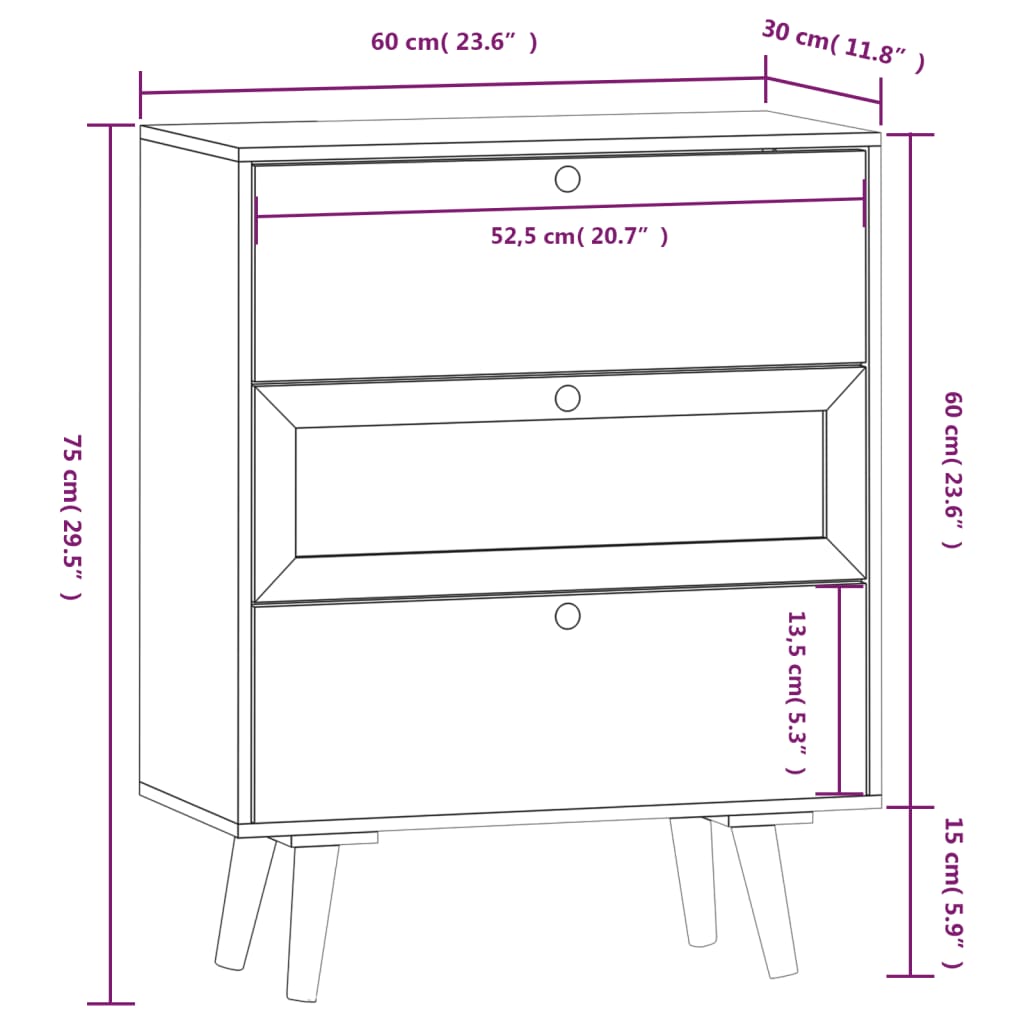 Dressoir met lades 60x30x75 cm bewerkt hout