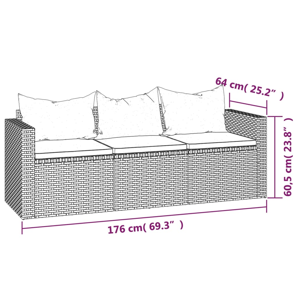 3-delige Loungeset met kussens poly rattan