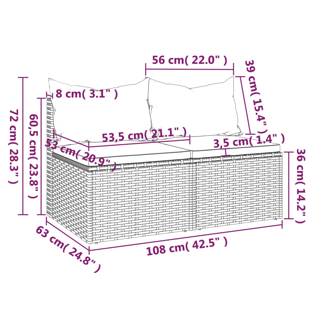 Tuinmiddenbanken met kussens 2 st poly rattan