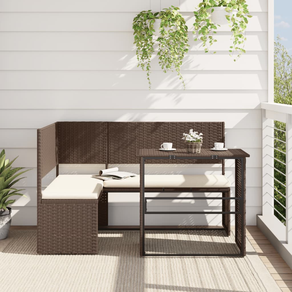 Tuinbank met tafel en kussens L-vormig poly rattan