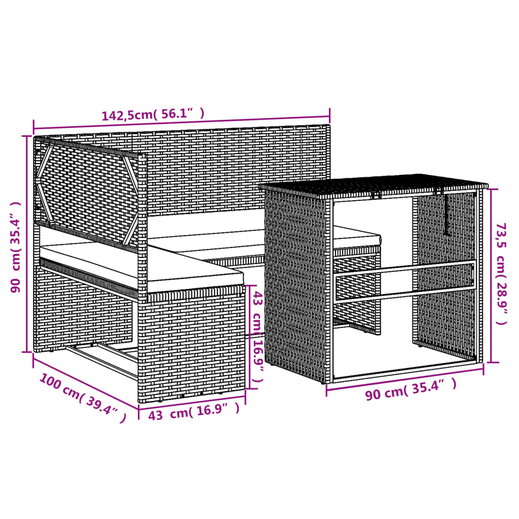 Tuinbank met tafel en kussens L-vormig poly rattan