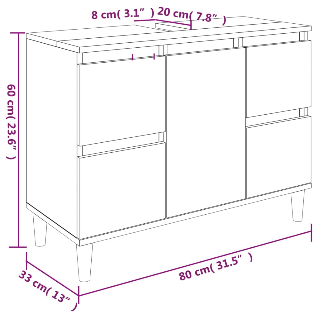 Wastafelkast 80x33x60 cm bewerkt hout artisanaal eikenkleur