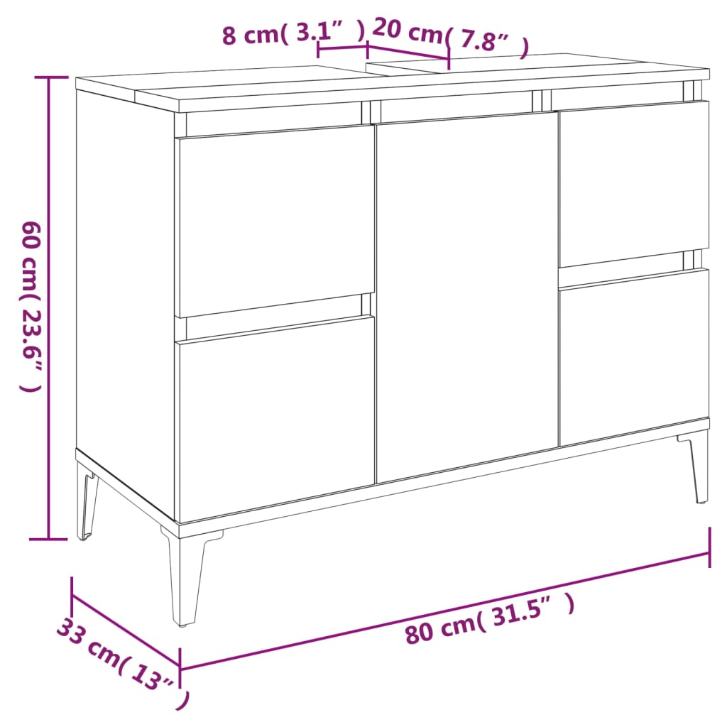 Wastafelkast 80x33x60 cm bewerkt hout bruin eikenkleur