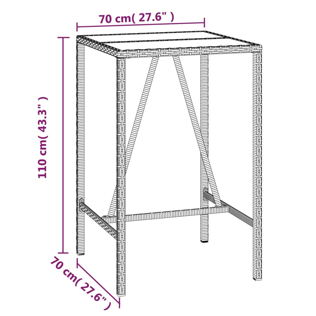 Bartafel met glazen blad 110x70x110 cm poly rattan