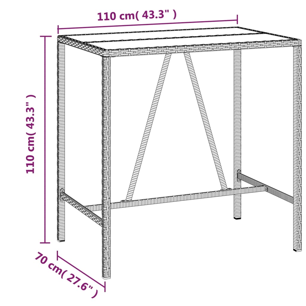 Bartafel met glazen blad 110x70x110 cm poly rattan