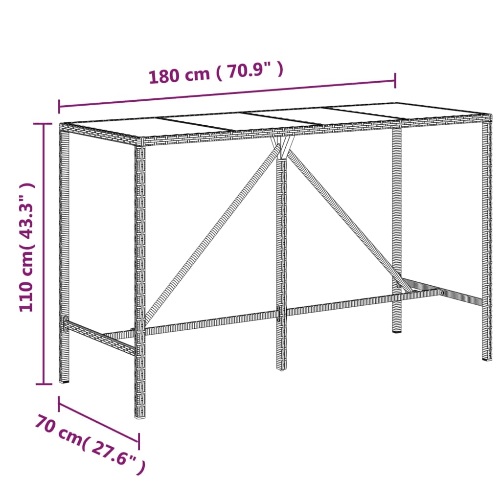 Bartafel met glazen blad 110x70x110 cm poly rattan