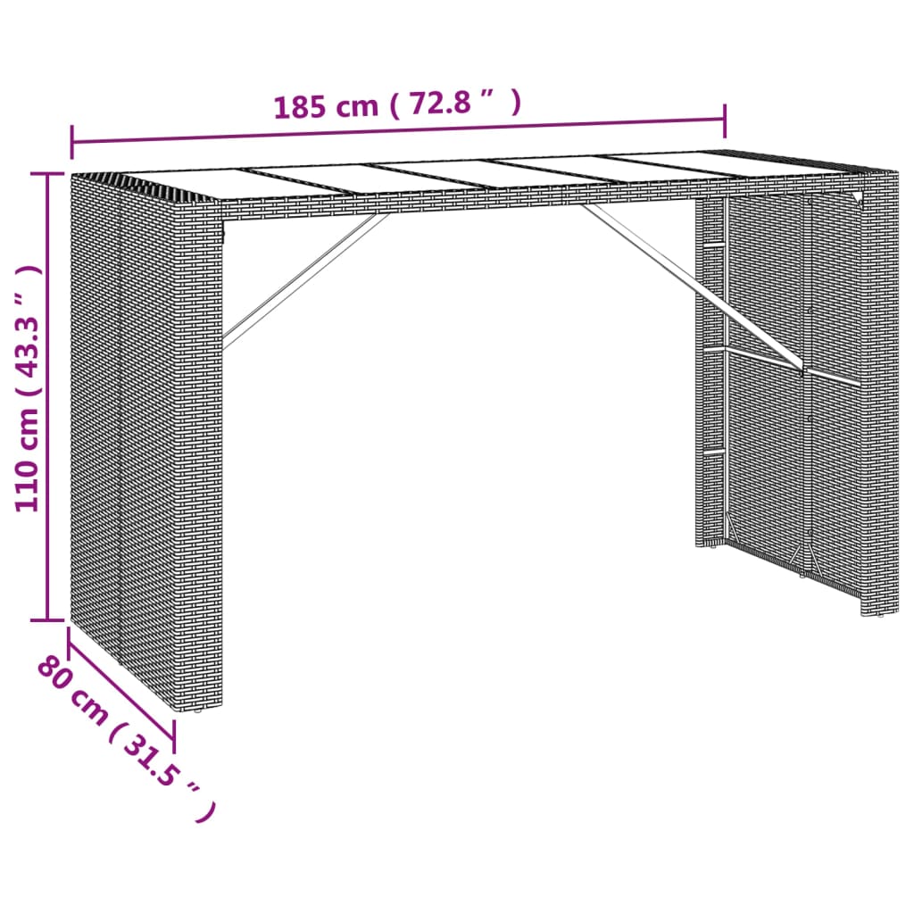 Bartafel met glazen blad 185x80x110 cm poly rattan