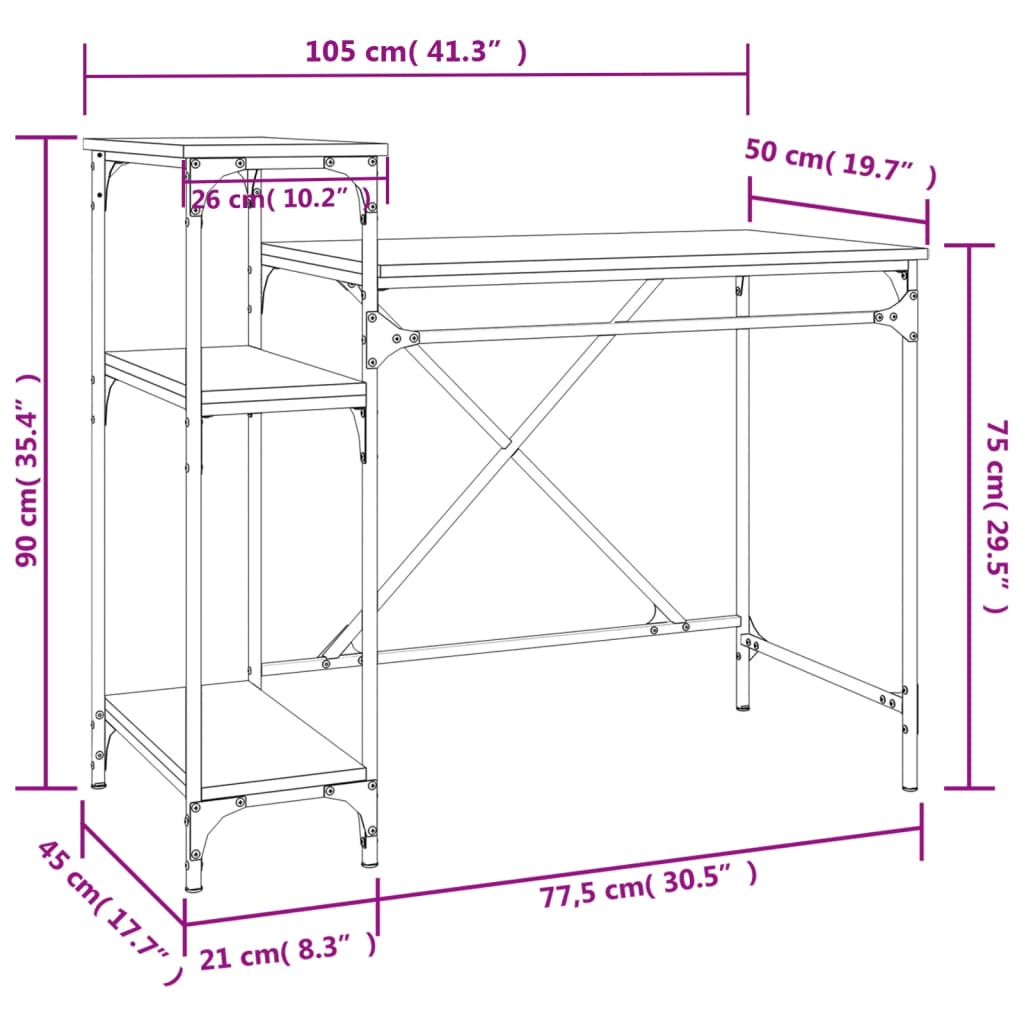 Bureau met schappen 135x50x90 bewerkt hout en ijzer