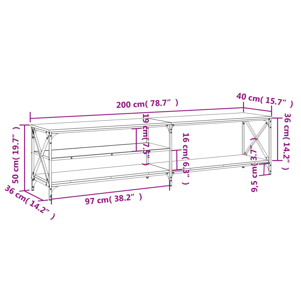 Tv-meubel 200x40x50 cm bewerkt hout metaal bruin eikenkleur