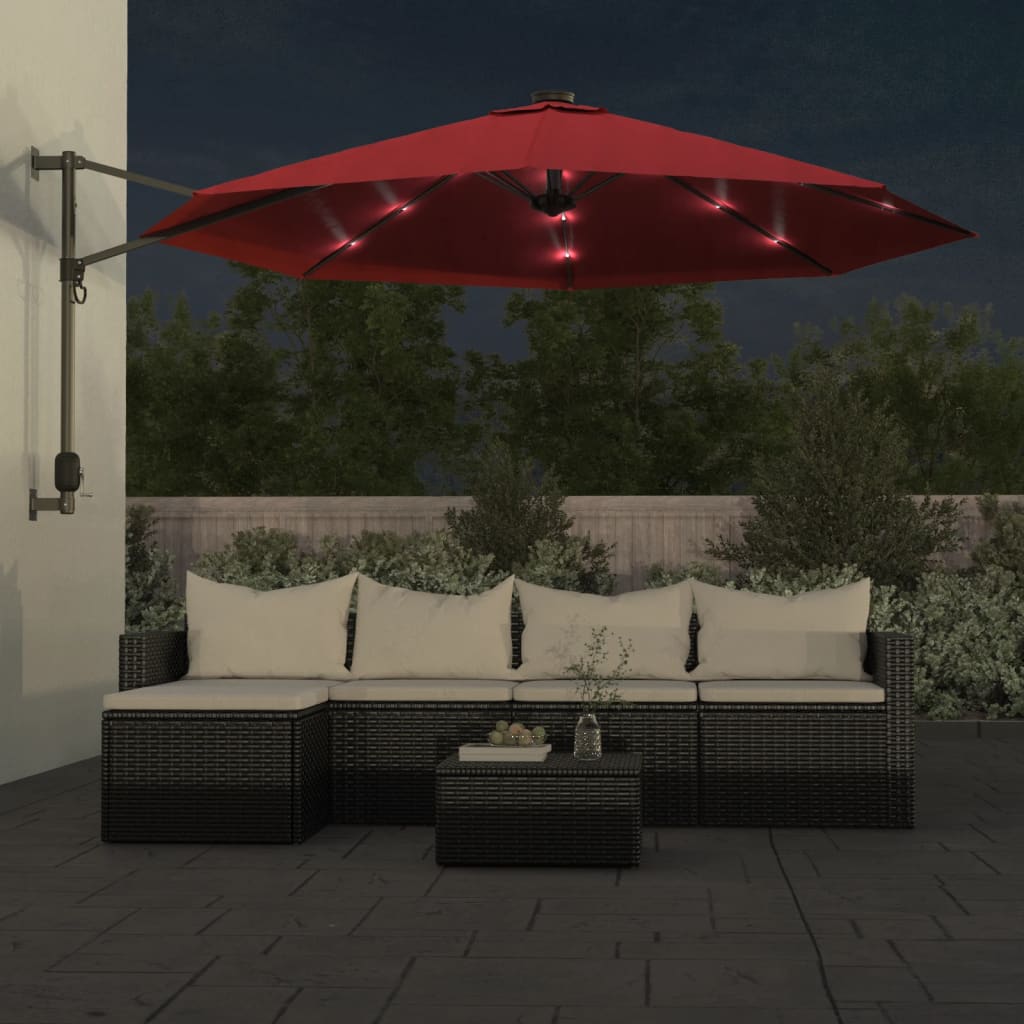 Wandparasol met LEDs 290 cm felrood