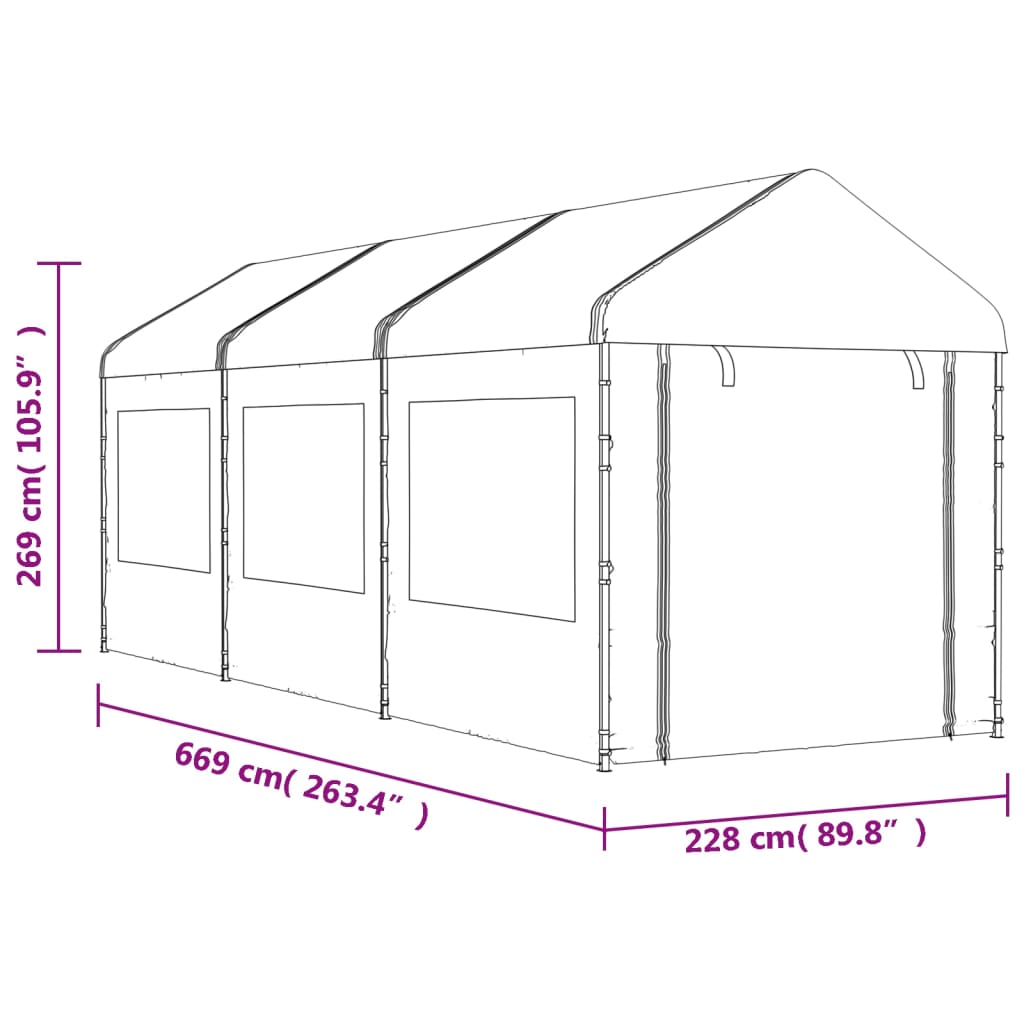 Prieel met dak 13,38x2,28x2,69 m polyetheen wit