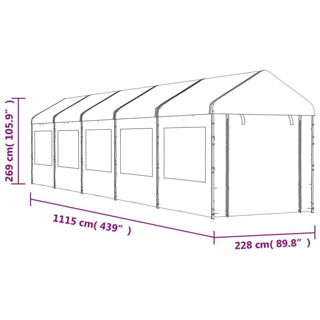 Prieel met dak 13,38x2,28x2,69 m polyetheen wit