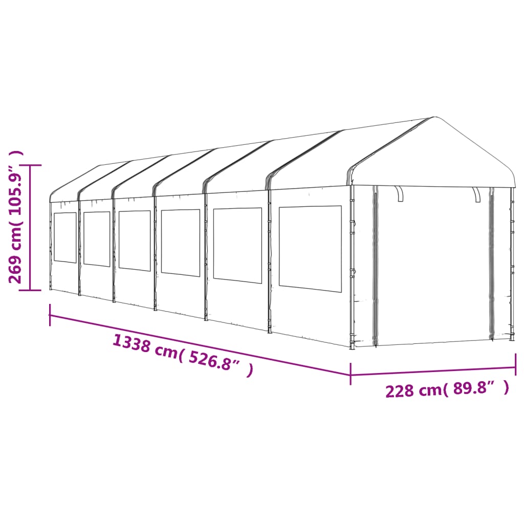 Prieel met dak 13,38x2,28x2,69 m polyetheen wit