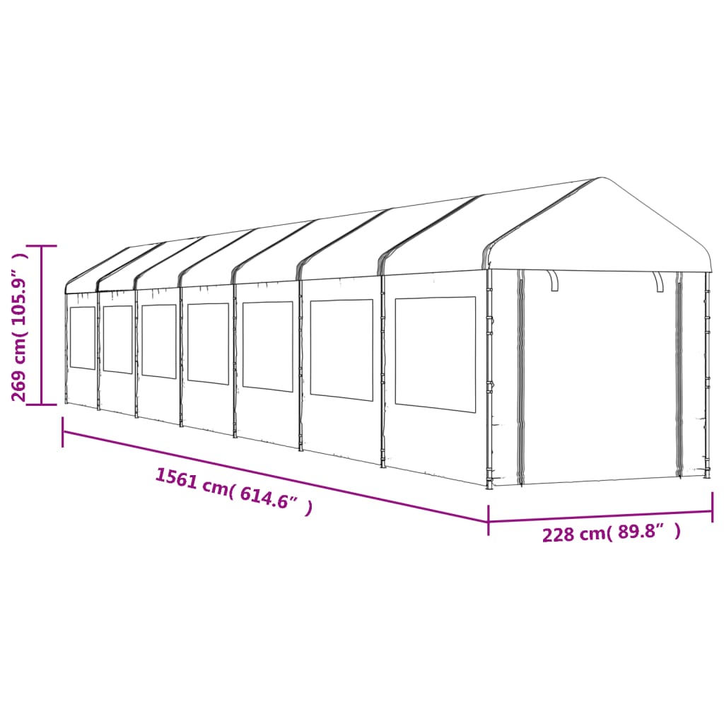 Prieel met dak 13,38x2,28x2,69 m polyetheen wit